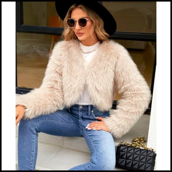 Cropped Faux Fur Jacket Long Sleeve Open Front Chic Winter Coat Y2K - Picture 6 of 7